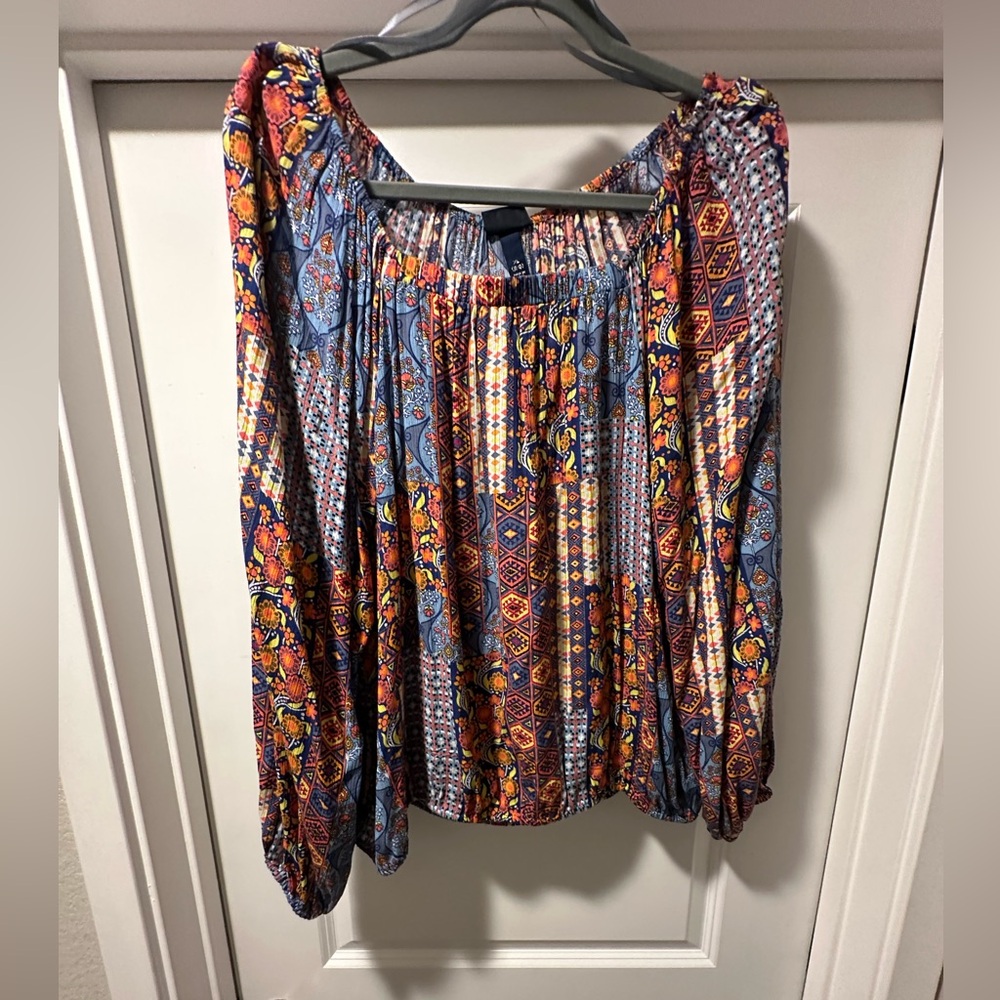Bohemian Off-Shoulder Peasant Blouse in Blue & Orange